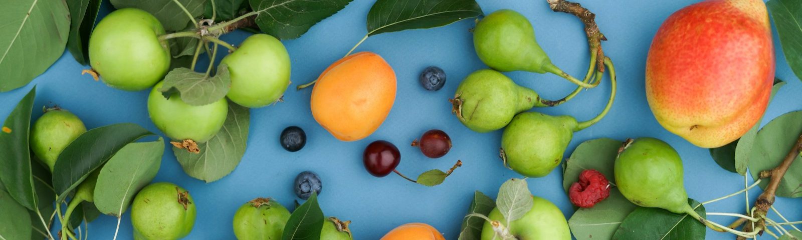 a bunch of fruit sitting on top of a blue surface